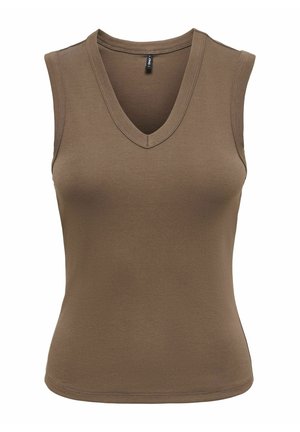 Top marron sans manches ajusté à col en V avec larges bretelles, présenté sur fond blanc.