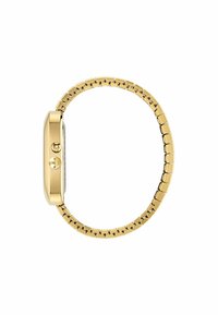 Guld smartwatch med en rektangulär urtavla, två sidoknappar och ett flexibelt metallarmband med glänsande, polerade länkar.