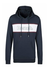 Navyblaue Kapuzenjacke aus weichem Material, mit einem weißen horizontalen Streifen und dem "Bench."-Logo, verstellbaren Kordeln und einer Fronttasche.