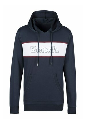 Navyblaue Kapuzenjacke aus weichem Material, mit einem weißen horizontalen Streifen und dem "Bench."-Logo, verstellbaren Kordeln und einer Fronttasche.