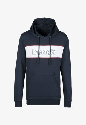 Navy blue hoodie made of soft fabric, featuring a white horizontal stripe with "Bench." logo, adjustable drawstrings, and a front pocket.