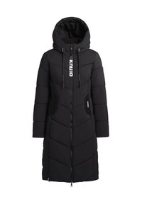 Manteau long noir en duvet avec capuche, doté d'une fermeture éclair devant, d'un cordon de serrage et de poches latérales avec des accents noirs contrastants.
