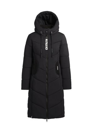 Lungo cappotto imbottito nero con cappuccio, dotato di una zip frontale, cordino e tasche laterali con dettagli neri a contrasto.