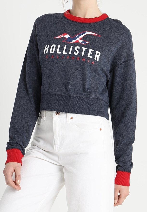 Námořnický zkrácený svetr s červeným žebrovaným výstřihem a manžetami. Obsahuje bílé nápisy "HOLLISTER CALIFORNIA" a vícebarevný design loga.