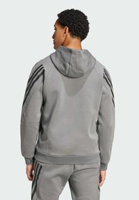 Šedá mikina s kapucí na šňůrku, s černými třemi pruhy na rukávech a žebrovanými manžetami a spodním lemem. Měkká textilie.