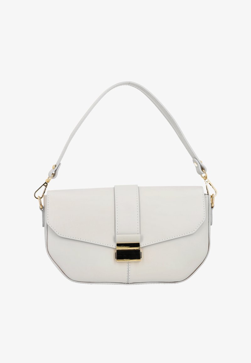 Biała skórzana torebka z złotym zapięciem, płaski design, zaokrąglone rogi i krótki uchwyt z metalowymi akcentami.