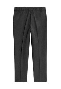 Pantalones de vestir de corte entallado en gris carbón con trabillas, perneras rectas y pliegues centrales, dispuestos planos sobre un fondo blanco.