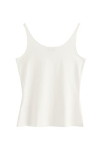 Hvid tanktop lavet af blødt bomuld, med tynde stropper, scoop-udskæring og en tætsiddende silhuet. Ingen synlige mønstre eller udsmykninger.