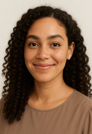 Ritratto di una persona con capelli ricci, castani scuri, che indossa un top marrone. Caratteristiche notevoli includono leggere lentiggini e piccoli orecchini.