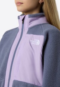 Vijoličasto-siv flis jopica z zadrgo spredaj, visokim ovratnikom in vezenim logotipom na prsih. Ima različne teksture in barve.