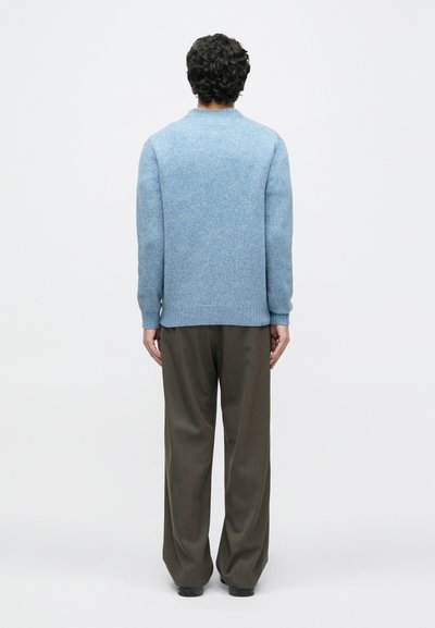 Gaiši zilas krāsas džemperis ar apaļu kakla izgriezumu un ribotām piedurknēm, valkāts virs brīvi pieguļošām olīvu zaļām biksēm. Vienkārša un strukturēta auduma.