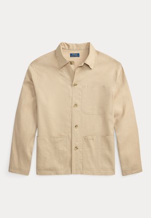 Μπεζ μακρυμάνικο σακάκι με κουμπιά, γιακά, τρεις μπροστινές τσέπες και ετικέτα Polo Ralph Lauren στο εσωτερικό του γιακά.