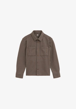 Chemise marron à carreaux à manches longues, boutonnée, avec col et poignets, présentant un motif en damier avec des lignes bleu clair et beige.