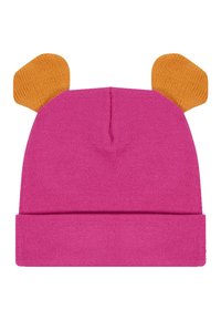 Gorro de punto rosa con borde doblado, que presenta dos orejas de oso naranjas en la parte superior. El material parece suave y texturizado.