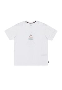 White cotton t-shirt featuring a central graphic of a brown and teal triangle with a floral design, and a small logo tag on the hem.