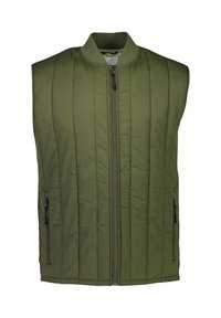 Gepolsterte ärmellose Weste in olivgrün, mit hohem Kragen, Frontreißverschluss und zwei seitlichen Reißverschlusstaschen mit schwarzen Hardware- Akzenten.