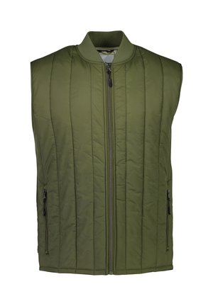 Gepolsterte ärmellose Weste in olivgrün, mit hohem Kragen, Frontreißverschluss und zwei seitlichen Reißverschlusstaschen mit schwarzen Hardware- Akzenten.