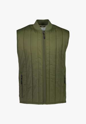 Gilet imbottito senza maniche in verde oliva, con colletto alto, zip frontale e due tasche laterali con zip e dettagli in hardware nero.