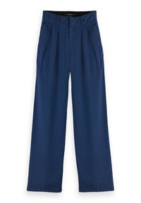 Navyblauwe, gestreepte wijde broek met plooien, voorzien van een rits en zijzakken, gemaakt van een soepel materiaal.