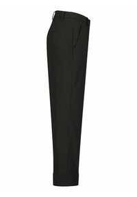 Schwarze Hosen mit geradem Schnitt, mit umgeschlagenem Saum und Tasche an der Seite. Hergestellt aus glattem Stoff mit einem eleganten, minimalistischen Design.