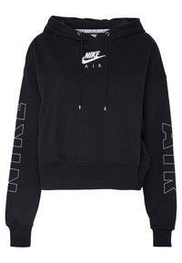 Svart kort hoodie gjord av mjukt tyg. Har en vit Nike-logotyp på bröstet och "AIR" i fet vit text längs ärmarna.