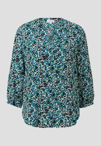 Bluse mit floralem Druck, V-Ausschnitt, langen Ärmeln und Knopfdetails. Sie kombiniert die Farben Türkis, Schwarz und Weiß. Aus weichem, leichtem Stoff.