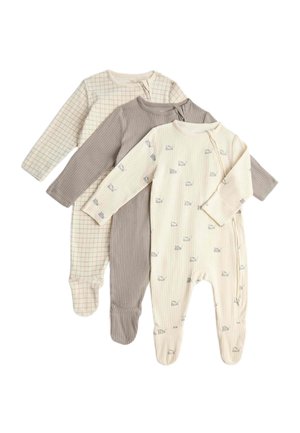 Tre langærmede babybodyer med fødder, i beige tern, ensfarvet taupe og creme med små dyreprint, arrangeret overlap på en hvid baggrund.