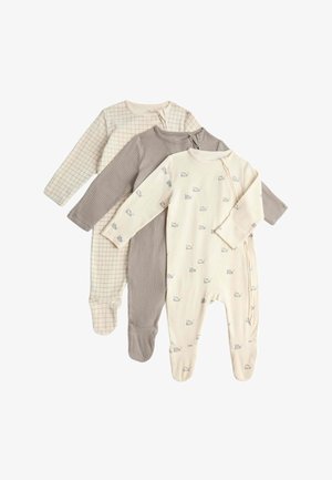 Tre langærmede babybodyer med fødder, i beige tern, ensfarvet taupe og creme med små dyreprint, arrangeret overlap på en hvid baggrund.