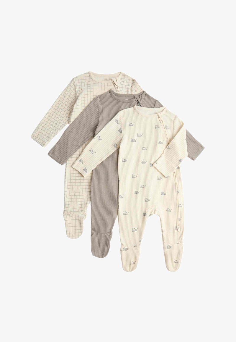 Tres bodies de bebé con mangas largas y pies, en rejilla beige, taupe liso y crema con pequeños estampados de animales, dispuestos superpuestos sobre un fondo blanco.