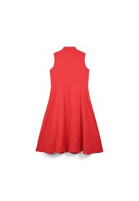 Rotes ärmelloses Kleid mit Kragen, ausgestelltem Rock und glattem Stoff. Mit tailliertem Schnitt und endet in der Mitte der Waden.