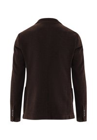 Blazer in corduroy marrone con colletto a rever, maniche lunghe e tre bottoni decorativi su ogni polsino, dotato di tasche laterali.
