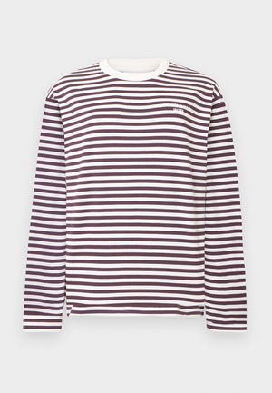 Long-sleeve shirt with white and dark purple horizontal stripes, crew neck, and small white embroidered text on the upper left chest.