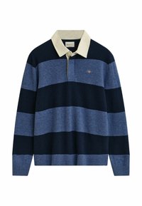 Navy and light blue striped pullover with a cream-colored collar, made of soft material. Features a small embroidered logo on the chest.