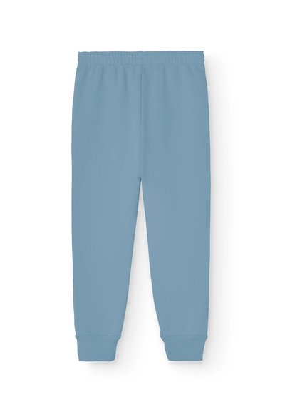 Helle blaue Jogginghose aus weichem Stoff, mit einem elastischen Bund und schmalen Bündchen. Einfaches Design ohne Muster oder Verzierungen.