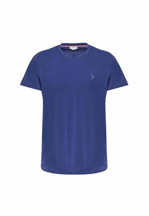 T-shirt in cotone blu con scollatura rotonda, maniche corte e un piccolo logo sul petto. Design semplice, texture liscia.