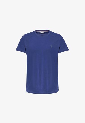 T-shirt in cotone blu con scollatura rotonda, maniche corte e un piccolo logo sul petto. Design semplice, texture liscia.