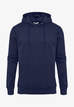 Sötétkék kapucnis pulóver puha anyagból, kenguruzsebbel, állítható zsinórral és bordázott mandzsettákkal, egyszerű, letisztult dizájnnal.