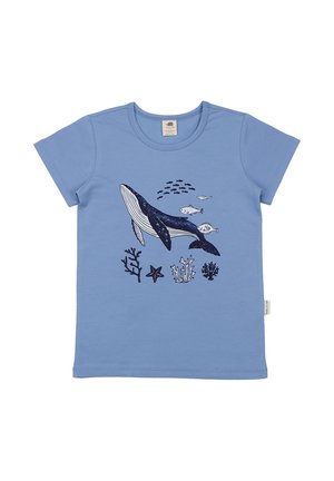 Blue child’s T-shirt with a large whale, several small fish, coral, and a starfish printed on the front.