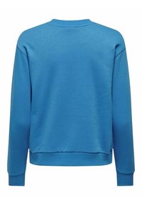 Sweat-shirt bleu à manches longues avec poignets, ourlet et col côtelés, montré de dos sur un fond blanc uni.