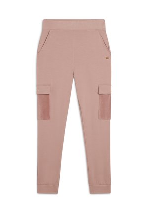 Pantaloni cargo rosa chiaro realizzati in tessuto morbido, dotati di tasche laterali, sottili toppe in velluto e polsini elasticizzati per il comfort.