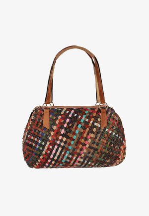 Geweven handtas met kleurrijke stroken in rood, bruin, blauw en groen. Bruine leren handvatten, afgeronde vorm en een ritssluiting.