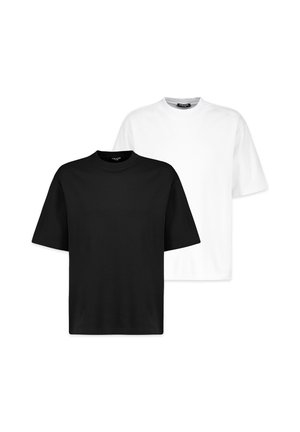 Zwei schlichte Kurzarm-T-Shirts mit Rundhalsausschnitt, eines vorne schwarz und eines hinten weiß, auf weißem Hintergrund dargestellt.