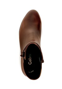 Brown leather ankle boot with rounded toe, side buckle, and black interior labeled "Gabor" on a white background.