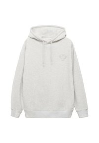 Felpa con cappuccio grigio chiaro realizzata in tessuto morbido, con una tasca frontale, cordoncini e un piccolo logo sul petto.