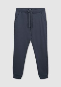 Granatowe spodnie dresowe wykonane z miękkiego materiału, z elastycznym pasem, sznurkiem, bocznymi kieszeniami oraz elastycznymi mankietami przy kostkach.