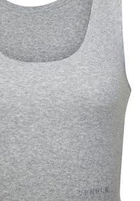 Gray tank top made of soft, ribbed fabric. Features a wide neckline and subtle embroidered detail at the bottom.