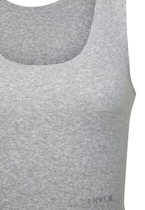 Gray tank top made of soft, ribbed fabric. Features a wide neckline and subtle embroidered detail at the bottom.