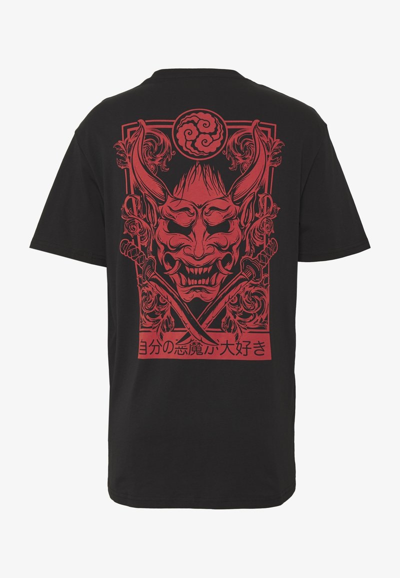 Black t-shirt with a red Japanese demon mask, crossed swords, ornamental swirls, and Japanese text at the bottom on the back.