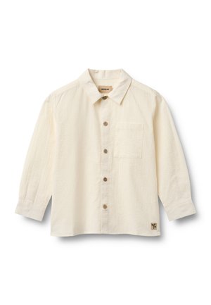 Flødefarvet skjorte med knapper, krave, lange ærmer, brystlomme og brune knapper. Lavet af tekstureret stof med et afslappet design.