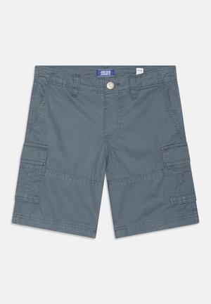 Grijze cargoshorts met zijzakken, voorzakken, riemlussen en een knoopsluiting, gelabeld Jack & Jones, maat M128.